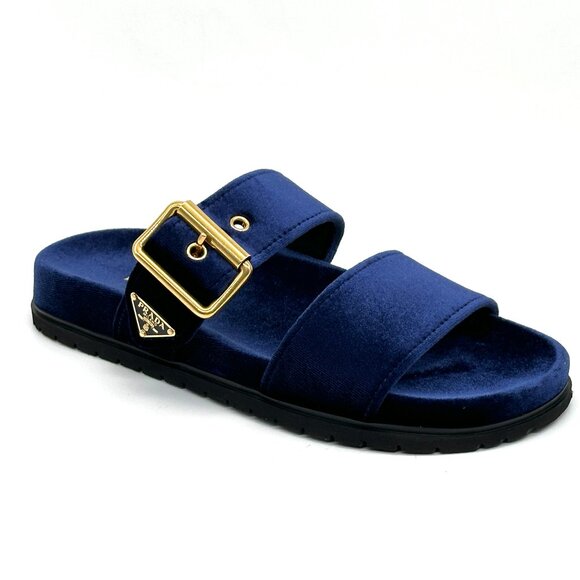 PRADA Triangle Logo Double Dual Band Velvet Flat Slide Dad Sandals Shoes - Picture 9 of 15